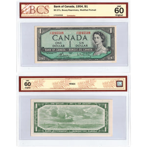 SOLD $1 1954 Bank of Canada Note Bouey-Rasminsky I/F Prefix BC-37c - BCS UNC-60