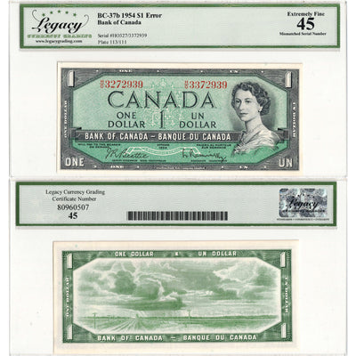 $1 1954 Bank of Canada Note Mismatched Serial Number Error BC-37b - Legacy EF-45