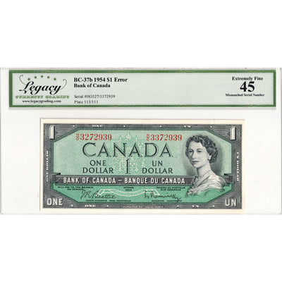 $1 1954 Bank of Canada Note Mismatched Serial Number Error BC-37b - Legacy EF-45