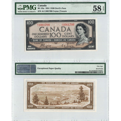 $100 1954 Bank of Canada Note Devil Face A/J Prefix BC-35a - PMG AU-58 EPQ