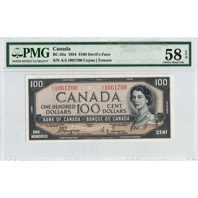 $100 1954 Bank of Canada Note Devil Face A/J Prefix BC-35a - PMG AU-58 EPQ
