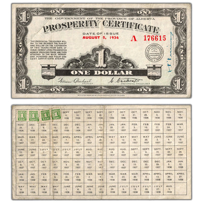 SOLD $1 1936 Alberta Prosperity Certificate Note 17 Stamps A-1 - VF+