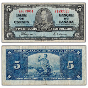 SOLD $5 1937 Bank of Canada Note Coyne-Towers Z/C Prefix BC-23c - Fine