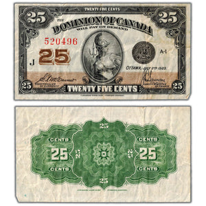 SOLD 25 Cents 1923 Dominion of Canada Shinplaster Note DC-24c - F/VF