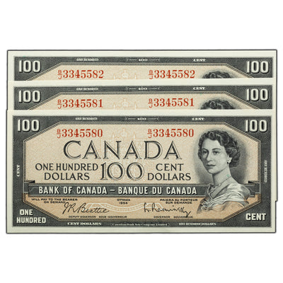 SOLD $100 1954 Bank of Canada Notes B/J Prefix BC-43b - 3 Consecutive UNC