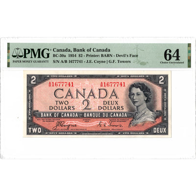 SOLD $2 1954 Bank of Canada Note Devil Face A/B Prefix BC-30a - PMG Ch UNC-64