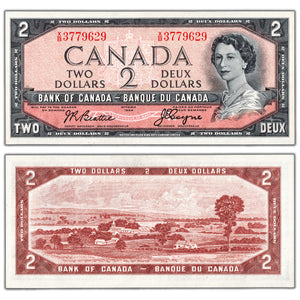 SOLD $2 1954 Bank of Canada Note Beattie-Coyne X/B Prefix BC-38a - AU-58