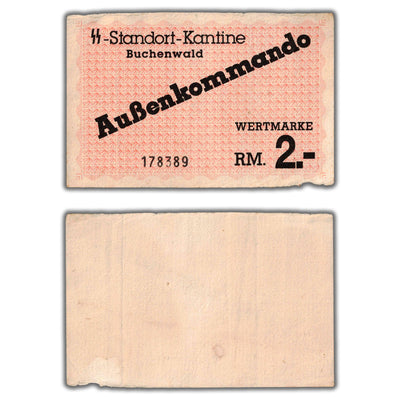 SOLD Germany 1944 WWII Buchenwald 2 Reichsmark Concentration Camp Note - Damage