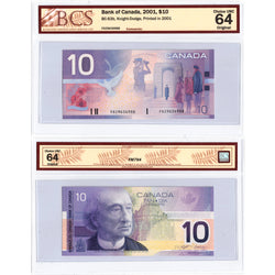 $10 2001 Bank of Canada Note Knight-Dodge FDZ Prefix BC-63b - BCS Ch UNC-64