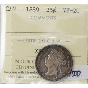 SOLD Canada 1889 25 Cents Quarter Silver Coin - ICCS VF-20