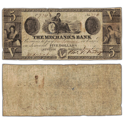 United States 1854 The Mechanics Bank $5 Five Dollars Obsolete Note - Hole