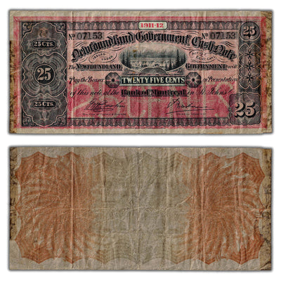 SOLD 25 Cents 1911-12 Newfoundland Government Cash Note NF-7b - Fine (mounted/tape residue)