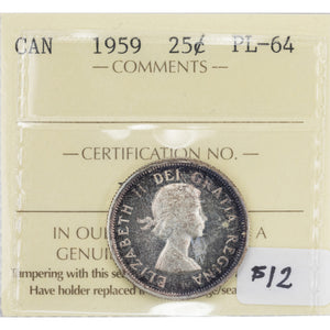 SOLD Canada 1959 25 Cents Quarter Silver Coin - ICCS Proof-Like PL-64
