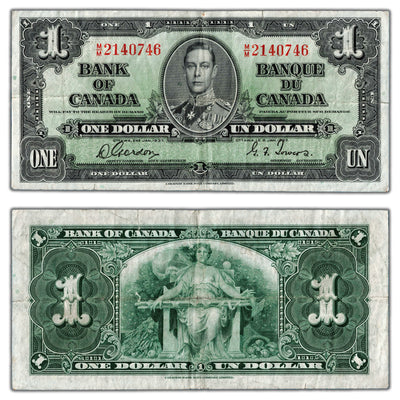 $1 1937 Bank of Canada Note Gordon-Towers M/M Prefix BC-21c - VF (minor tears)