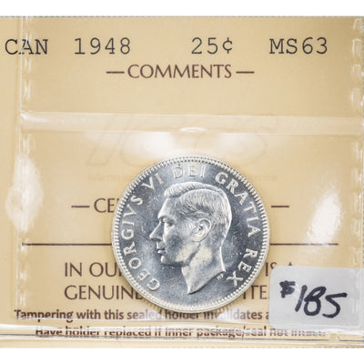 SOLD Canada 1948 25 Cents Quarter Silver Coin - ICCS MS-63