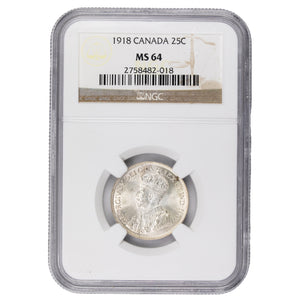 SOLD Canada 1918 25 Cents Quarter Silver Coin - NGC MS-64