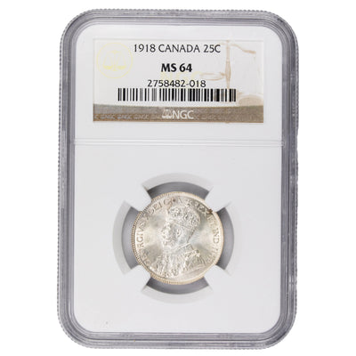 SOLD Canada 1918 25 Cents Quarter Silver Coin - NGC MS-64