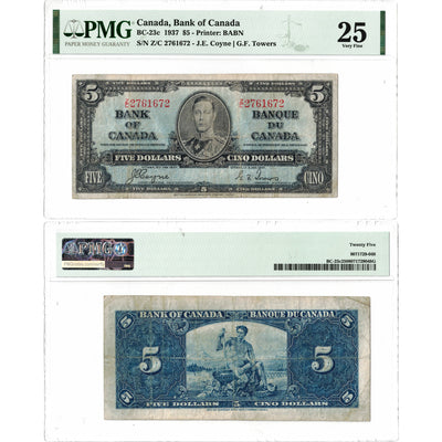 $5 1937 Bank of Canada Note Radar Serial 2761672 BC-23c - PMG VF-25