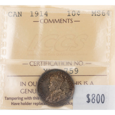 Canada 1914 10 Cents Dime Silver Coin - ICCS MS-64