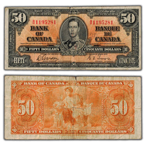 SOLD $50 1937 Bank of Canada Note Gordon-Towers B/H Prefix BC-26b - Tear/Writing