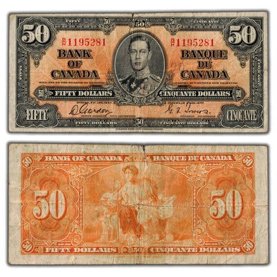 SOLD $50 1937 Bank of Canada Note Gordon-Towers B/H Prefix BC-26b - Tear/Writing