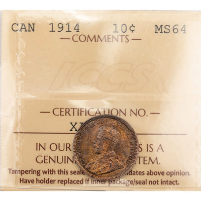 Canada 1914 10 Cents Dime Silver Coin - ICCS MS-64