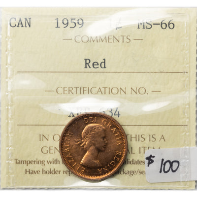 SOLD Canada 1959 1 Small Cent Coin - ICCS MS-66 Red