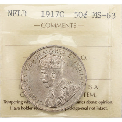 Newfoundland 1917-C 50 Cents Silver Coin - ICCS MS-63