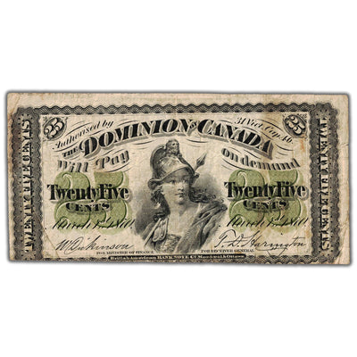 25 Cents 1870 Dominion of Canada Shinplaster Note Plain DC-1c - F/VF