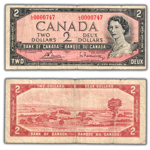 SOLD $2 1954 Bank of Canada Note L/G Changeover Prefix BC-38c - Lower Serial #747