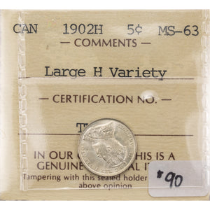 SOLD Canada 1902-H Large H 5 Cents Silver Coin - ICCS MS-63