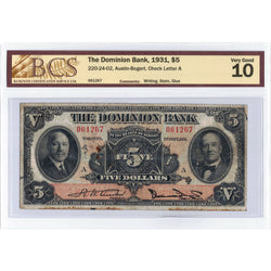 $5 1931 The Dominion Bank Canada Chartered Note #220-24-02 - BCS VG-10