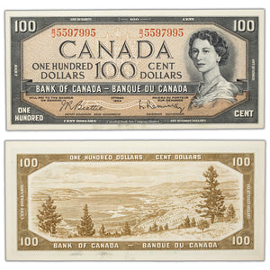 SOLD $100 1954 Bank of Canada Note Beattie-Rasminsky B/J Prefix BC-43b - AU/UNC