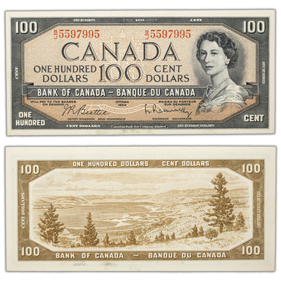 SOLD $100 1954 Bank of Canada Note Beattie-Rasminsky B/J Prefix BC-43b - AU/UNC