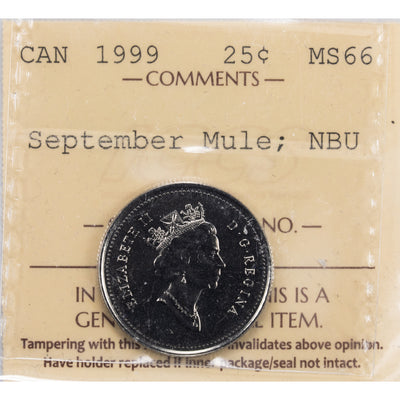 SOLD Canada 1999 September Mule 25 Cents Quarter Coin - ICCS MS-66 NBU