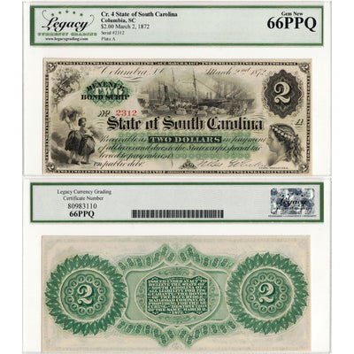 United States 1872 $2 State of South Carolina Revenue Bond Scrip Note - Legacy Gem UNC-65 PPQ
