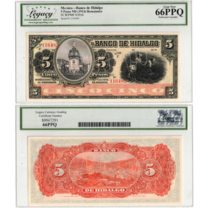 SOLD Mexico Banco de Hidalgo ND (1914) 5 Pesos Remainder Note P #S305d - Legacy UNC-66 PPQ
