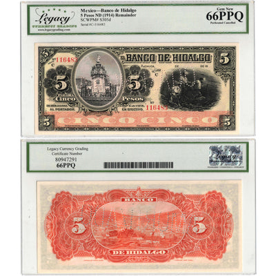 SOLD Mexico Banco de Hidalgo ND (1914) 5 Pesos Remainder Note P #S305d - Legacy UNC-66 PPQ