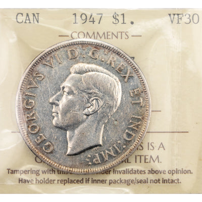 SOLD Canada 1947 Pointed 7 $1 Silver Dollar Coin - ICCS VF-30