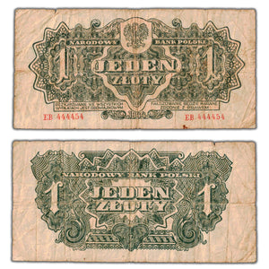 SOLD Poland 1944 1 One Złoty Note P #105a - Near Solid Serial 444454