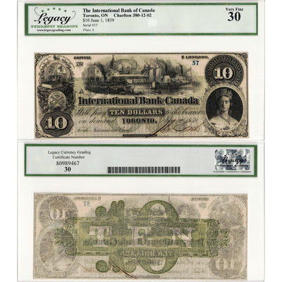$10 1859 International Bank of Canada Chartered Note #380-12-02 - Legacy VF-30