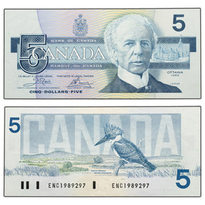 SOLD $5 1986 Bank of Canada Note Crow-Bouey ENC Prefix BC-56a - Pinholes
