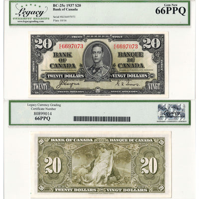 $20 1937 Bank of Canada Note Coyne-Towers K/E Prefix BC-25c - Legacy Gem UNC-66 PPQ