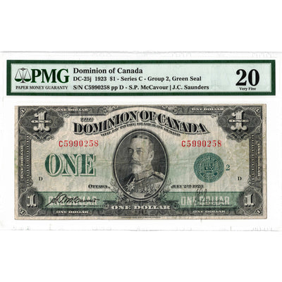 $1 1923 Dominion of Canada Note Green Seal Series C DC-25h - PMG VF-20
