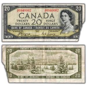 SOLD $20 1954 Bank of Canada Note Devil Face A/E Prefix BC-33a - Missing Piece