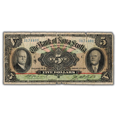 SOLD $5 1929 Bank of Nova Scotia Canada Chartered Note CH #550-34-02 - Tears