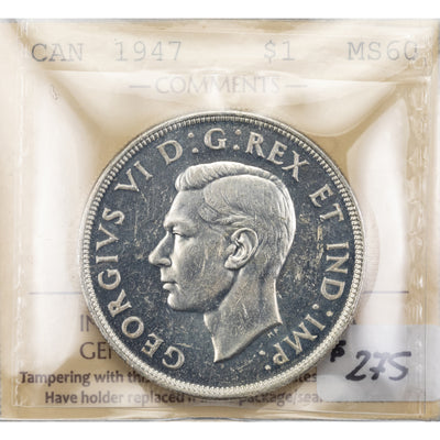 SOLD Canada 1947 Blunt 7 $1 Silver Dollar Coin - ICCS MS-60