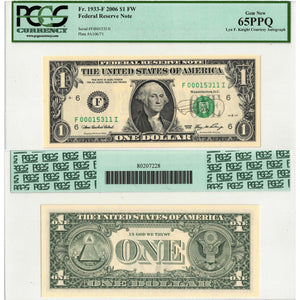 SOLD United States 2006 $1 Note F. 1933-F - PCGS Gem UNC-65 PPQ Lyn Knight Autograph