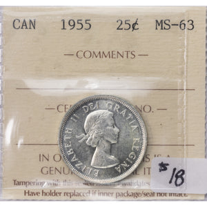 SOLD Canada 1955 25 Cents Quarter Silver Coin - ICCS MS-63