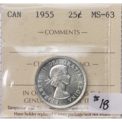 SOLD Canada 1955 25 Cents Quarter Silver Coin - ICCS MS-63